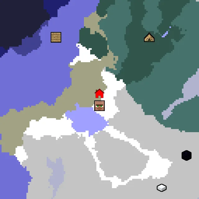 Overworld biome map of seed 287917627035206 around spawn, with the village marked
