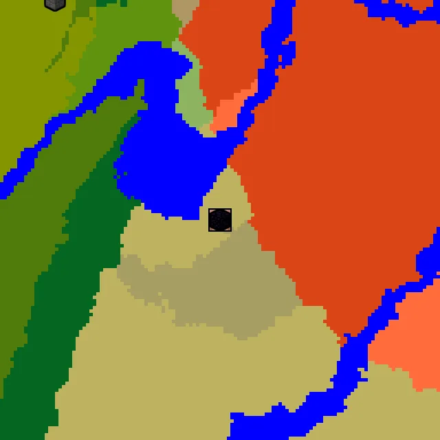 Overworld biome map of seed 457518450142132 around spawn, with the village marked