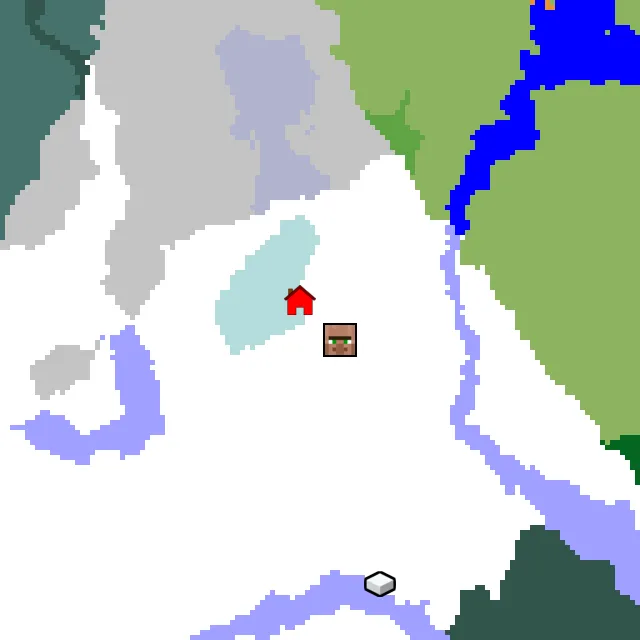 Overworld biome map of seed 485253609757631 around spawn, with the village marked