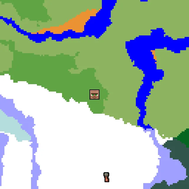 Overworld biome map of seed 841762255836736 around spawn, with the village marked