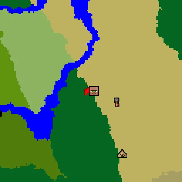 Overworld biome map of seed 98921779325618 around spawn, with the village marked