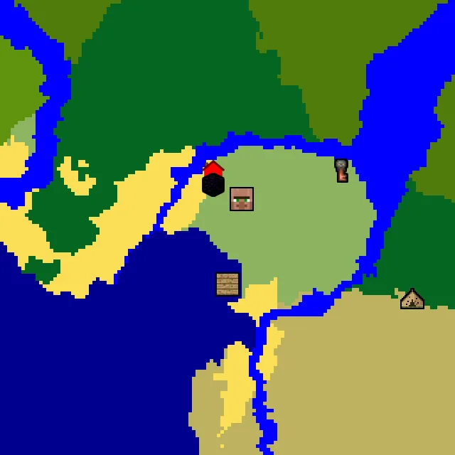 Overworld biome map of seed 12394174394252381 around spawn, with the village and shipwreck and ruined portal marked