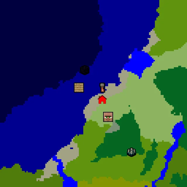 Overworld biome map of seed 13356518562158768 around spawn, with the village and shipwreck and ruined portal marked