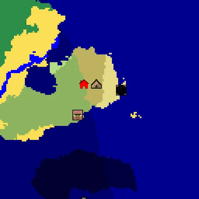 Overworld biome map of seed 2138578190124275 around spawn, with the village and shipwreck and ruined portal marked