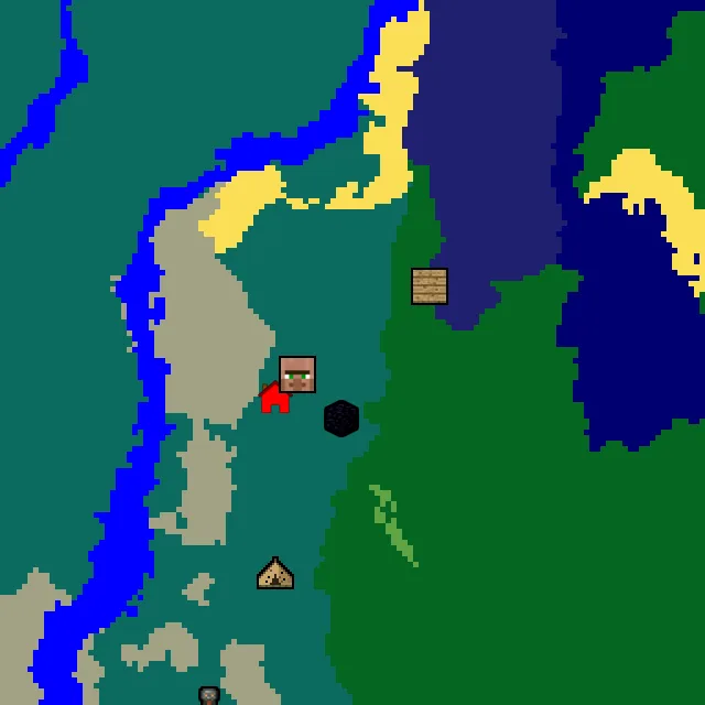 Overworld biome map of seed 22100628170373403 around spawn, with the village and shipwreck and ruined portal marked