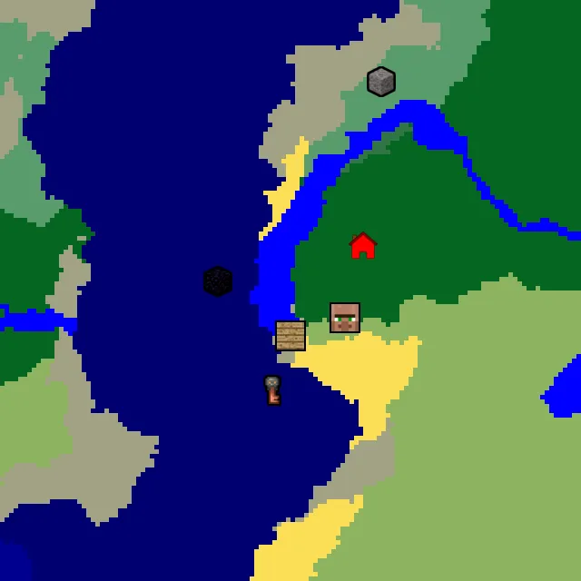 Overworld biome map of seed 22708861381133973 around spawn, with the village and shipwreck and ruined portal marked