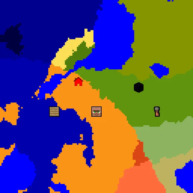 Overworld biome map of seed 3369163785663072 around spawn, with the village and shipwreck and ruined portal marked