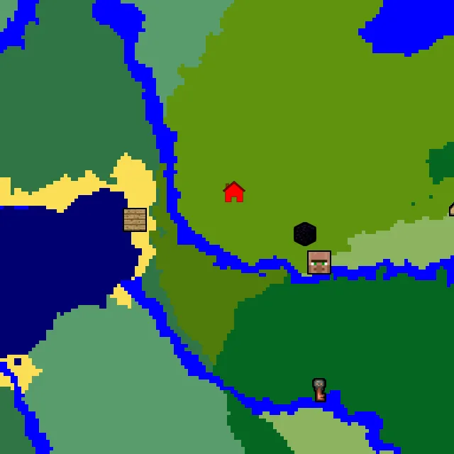 Overworld biome map of seed 6161254073401392 around spawn, with the village and shipwreck and ruined portal marked