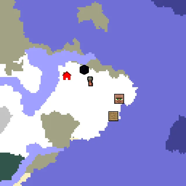 Overworld biome map of seed 6656936858446620 around spawn, with the village and shipwreck and ruined portal marked