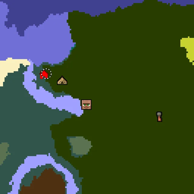 Overworld biome map of seed 1106187978445829 around spawn at Y 0, with the village and lush caves marked