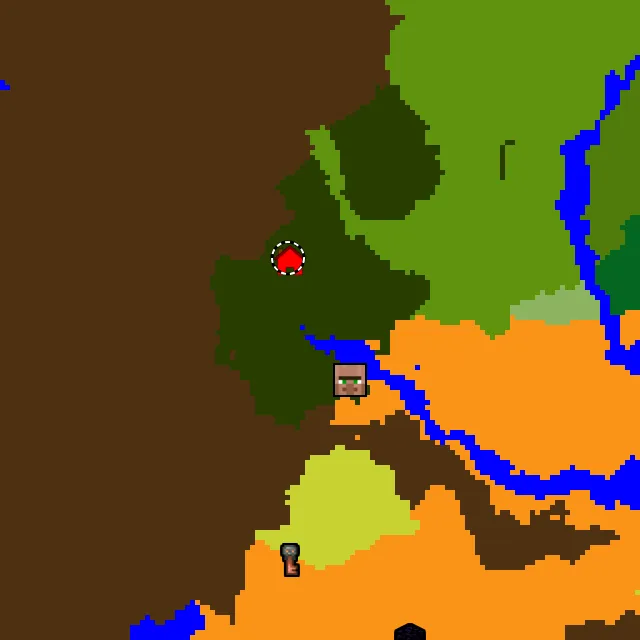 Overworld biome map of seed 1214737611781281 around spawn at Y 0, with the village and lush caves marked