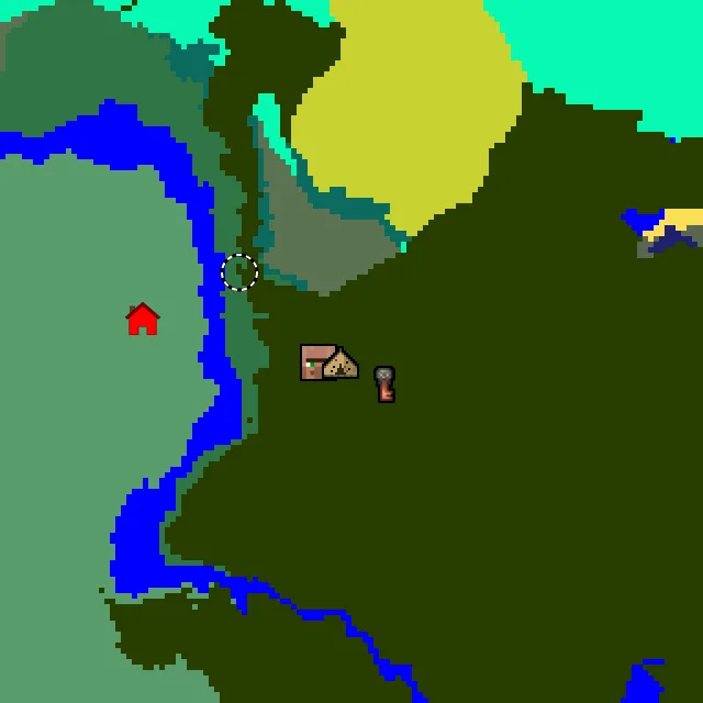 Overworld biome map of seed 1835990232658953 around spawn at Y 0, with the village and lush caves marked