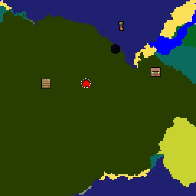 Overworld biome map of seed 2311978434985311 around spawn at Y 0, with the village and lush caves marked