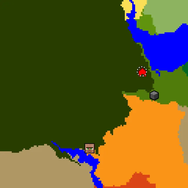 Overworld biome map of seed 3216445092173685 around spawn at Y 0, with the village and lush caves marked
