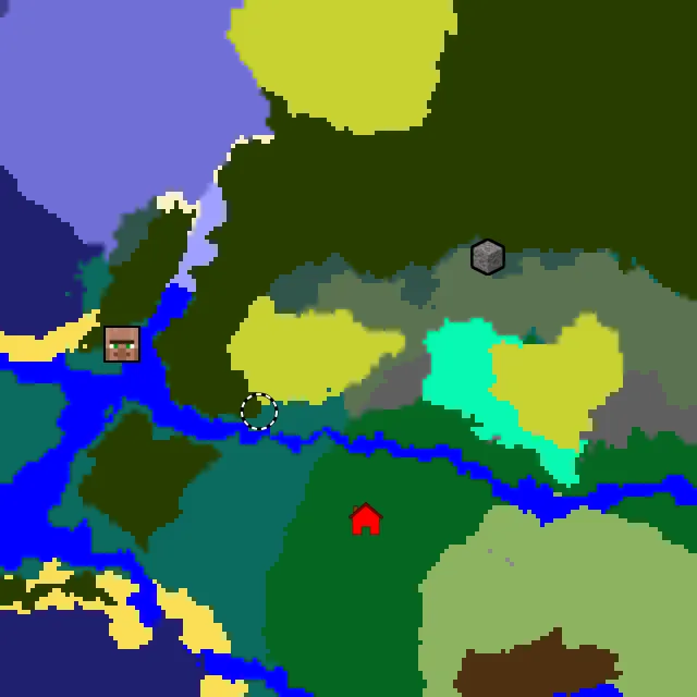 Overworld biome map of seed 409887994598042 around spawn at Y 0, with the village and lush caves marked