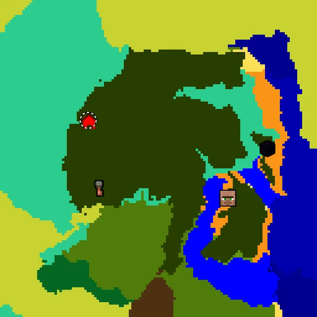 Overworld biome map of seed 5838641044221633 around spawn at Y 0, with the village and lush caves marked