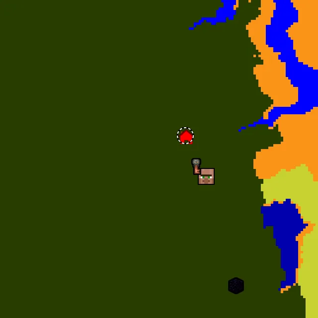 Overworld biome map of seed 707389573096835 around spawn at Y 0, with the village and lush caves marked